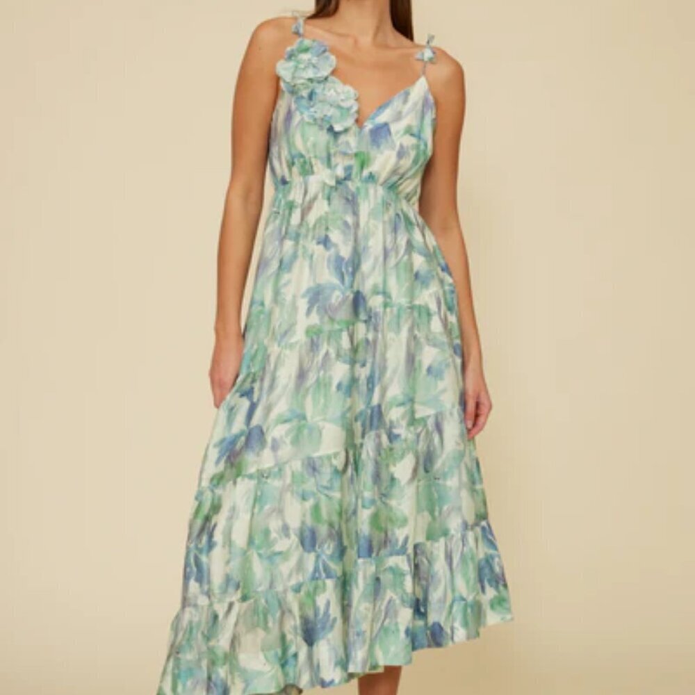 Lucy Paris Moret Blue Green Asymmetric Linen Blend Cottagecore Dress sz M NWT